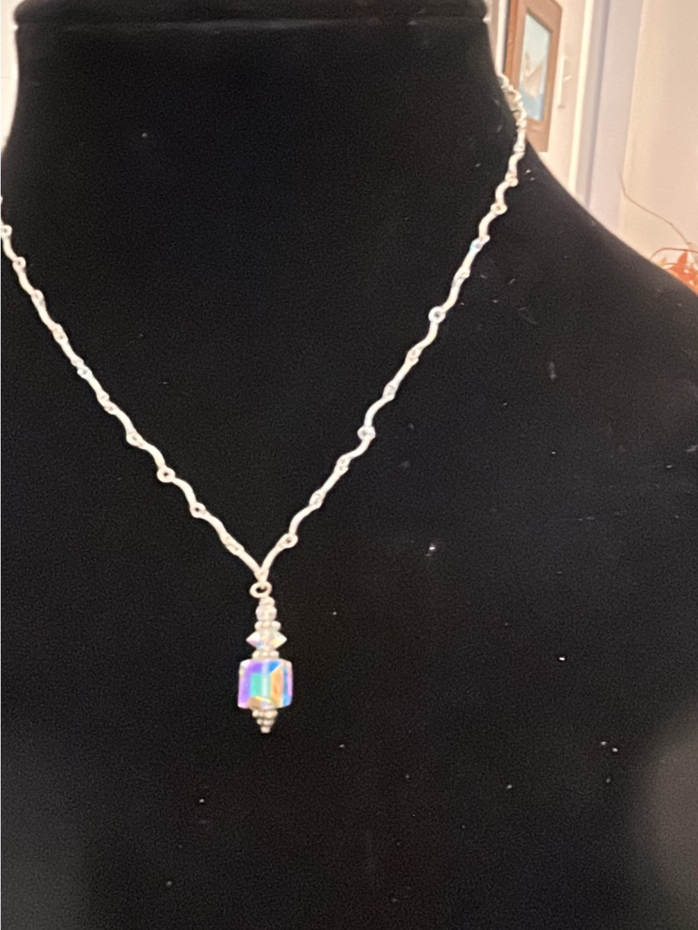 Sterling Silver Chain Necklace with Iridescent Natural Crystal Pendant
